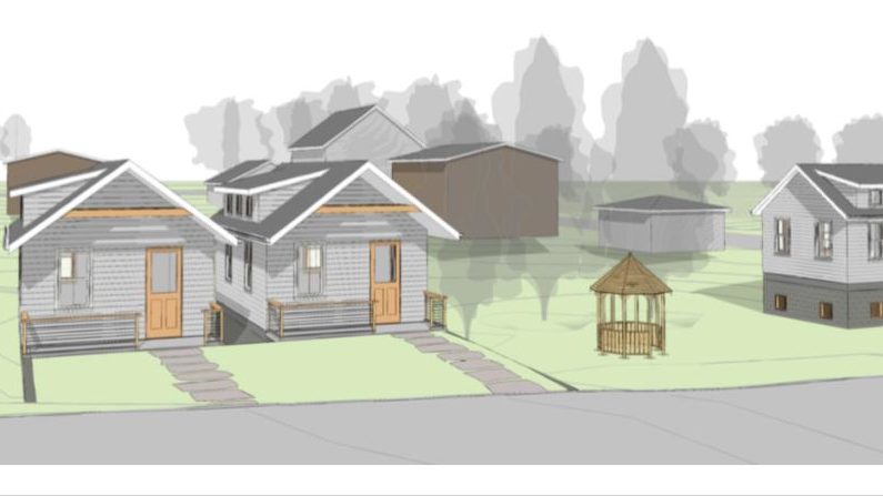 Architectural renderings of 3 tiny homes on green lot with small gazebo