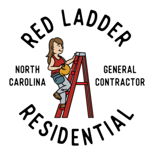 Illustration of a person with long brown hair wearing a tool belt ascending a red ladder surrounded by the words Red Ladder Residential, North Carolina General Contractor